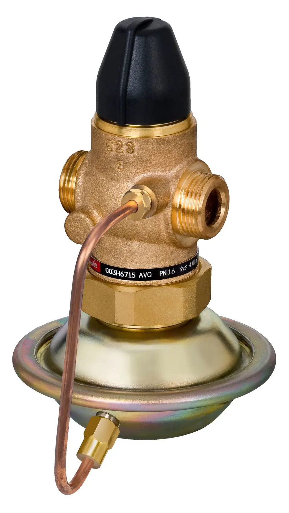 Danfoss Volumenstromregler mit Kupferrohr, Messanschluss und Anschlussgewinde, orangefarbener Ring, auf einer metallischen Basis.